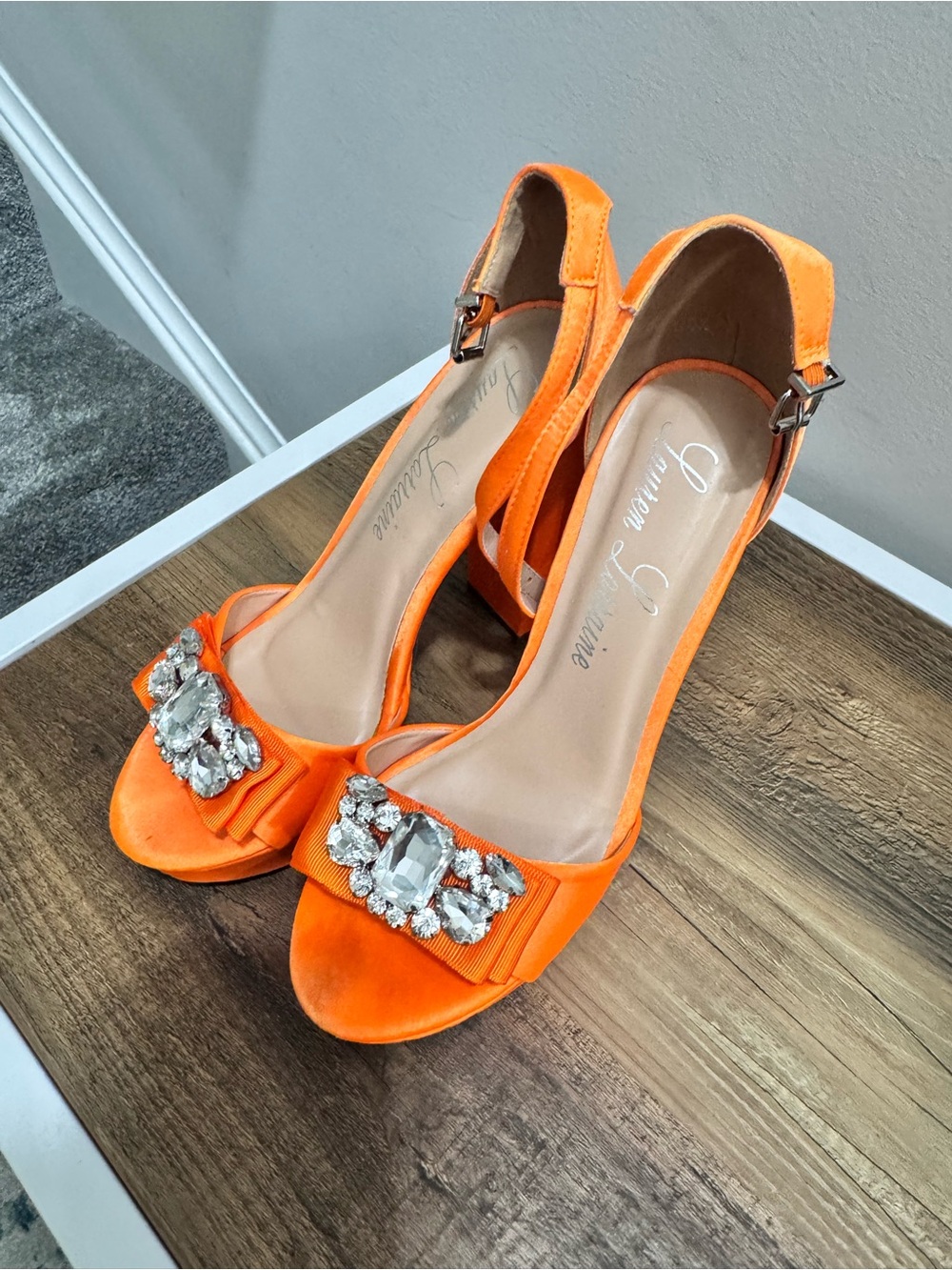 Lauren Lorraine Orange Satin Rhinestone Heels Size 6.5